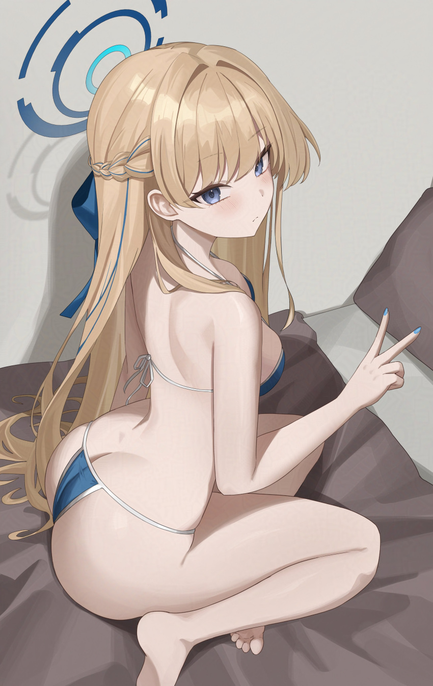 absurdres alternate_costume ass bikini blonde_hair blue_archive blue_bikini blue_eyes blue_halo blue_nails fast_owl female from_behind halo highres nail_polish solo swimsuit toki_(blue_archive) v