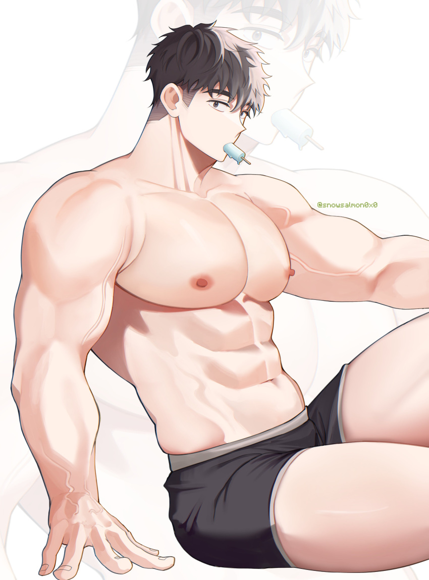 1boy abs absurdres artist_name black_eyes black_hair black_male_underwear food food_in_mouth highres male_focus male_underwear mouth_hold muscular muscular_male navel nipples original popsicle popsicle_in_mouth short_hair snowsalmon0x0 solo stomach topless_male twitter_username underwear white_background zoom_layer