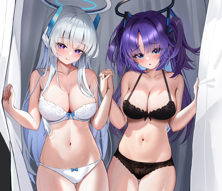 2girls absurdres bed_sheet black_bra black_panties blue_archive bow bow_panties bra breasts cleavage collarbone grey_hair halo hand_grab headgear highres holding holding_sheet interlocked_fingers large_breasts lingerie long_hair looking_at_viewer multiple_girls navel noa_(blue_archive) panties pomegranate_nana purple_hair stomach straight_hair two_side_up underwear underwear_only very_long_hair white_bra white_panties yuuka_(blue_archive)