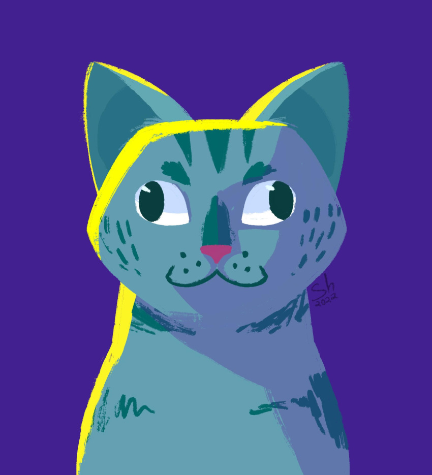 2022 :3 ambiguous_gender archived_source blue_background bunglepuss cel_shading closed_smile dated derp_eyes digital_media_(artwork) domestic_cat eyebrows felid feline felis female_(lore) feral freckled_face freckles front_view fur half-length_portrait hi_res jabroni_mike mammal mouth_closed no_pupils paintsponge pink_nose portrait shaded signature simple_background smile snout solo striped_body striped_fur stripes teal_body teal_fur