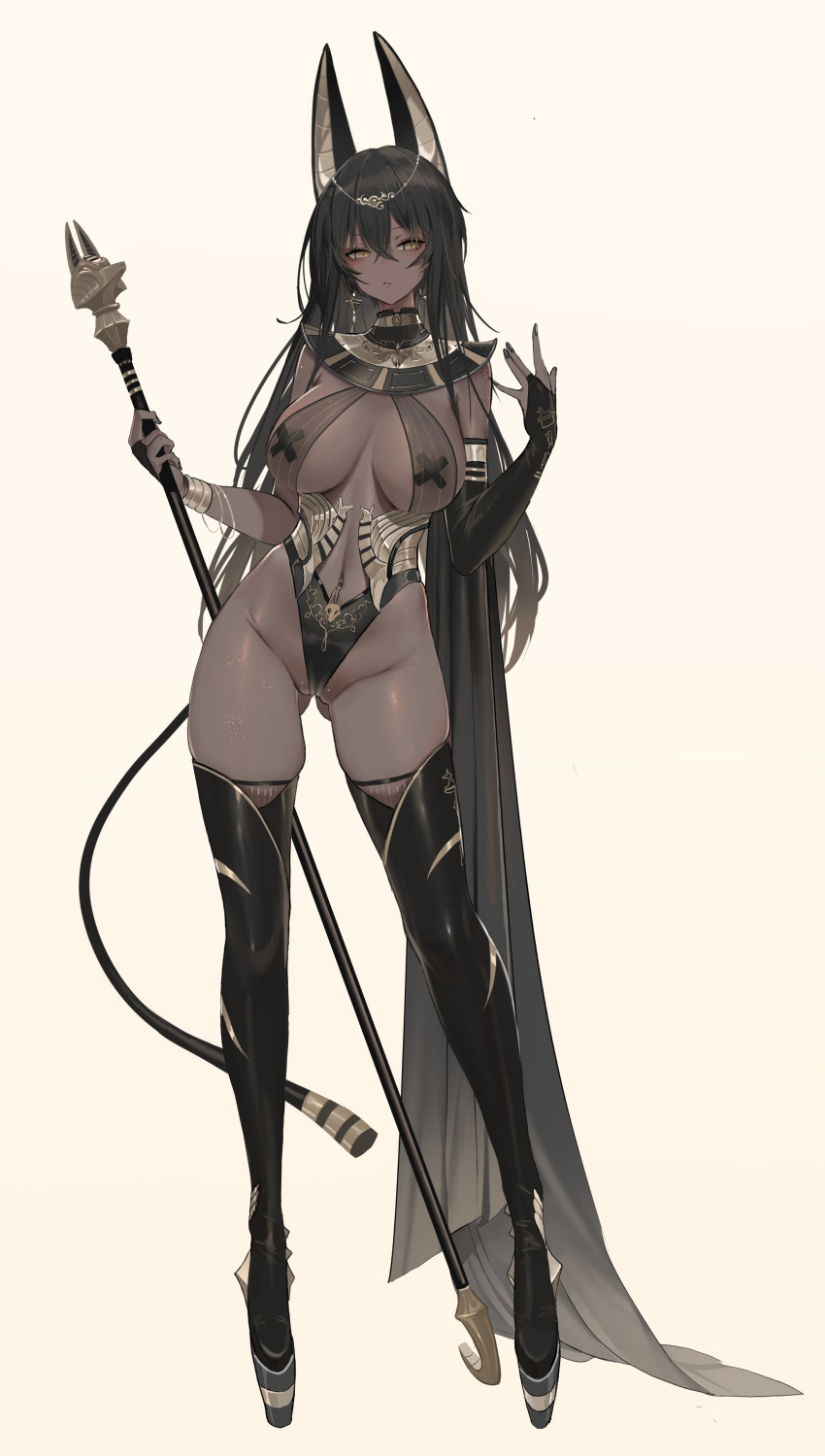 absurdres ail ancient_egyptian_clothes animal_ears anubis_(mythology) ass_visible_through_thighs black_hair black_nails black_pasties boots cameltoe contrapposto cross_pasties dark_skin dishwasher1910 female full_body groin highres jackal_ears jackal_tail jewelry long_hair looking_at_viewer navel original pasties platform_footwear simple_background solo staff standing tail thigh_boots white_background yellow_eyes