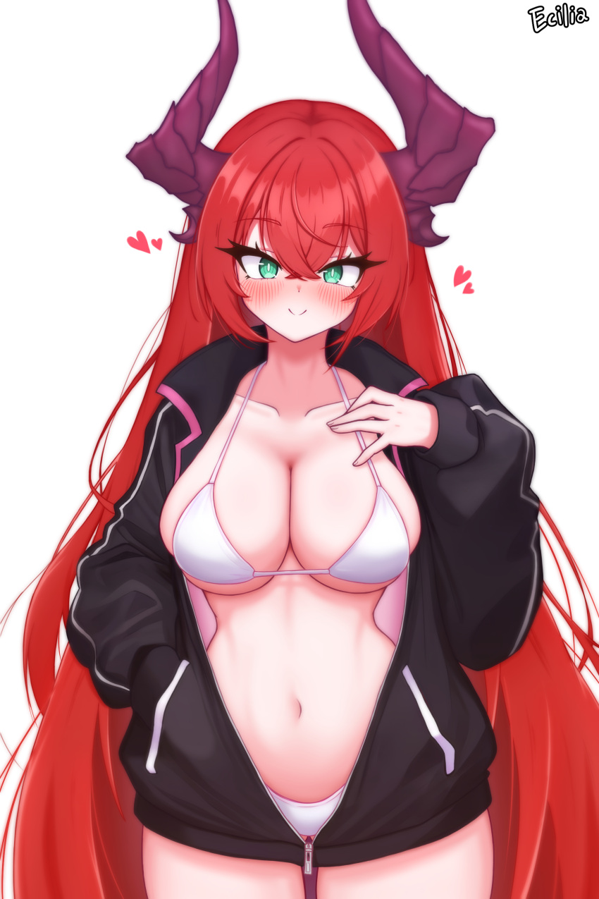 :> absurdres artist_name ass_visible_through_thighs bikini black_jacket blush breasts bright_pupils cleavage collarbone collared_jacket commentary counter:side cowboy_shot crossed_bangs demon_horns female green_eyes hair_between_eyes halterneck hand_in_pocket hand_on_own_chest heart highres horns jacket large_breasts long_hair long_sleeves looking_at_viewer nao_(counter:side) navel open_clothes open_jacket red_eyes rladnr6 simple_background smile solo straight-on swimsuit underboob very_long_hair white_background white_bikini white_pupils zipper_pull_tab