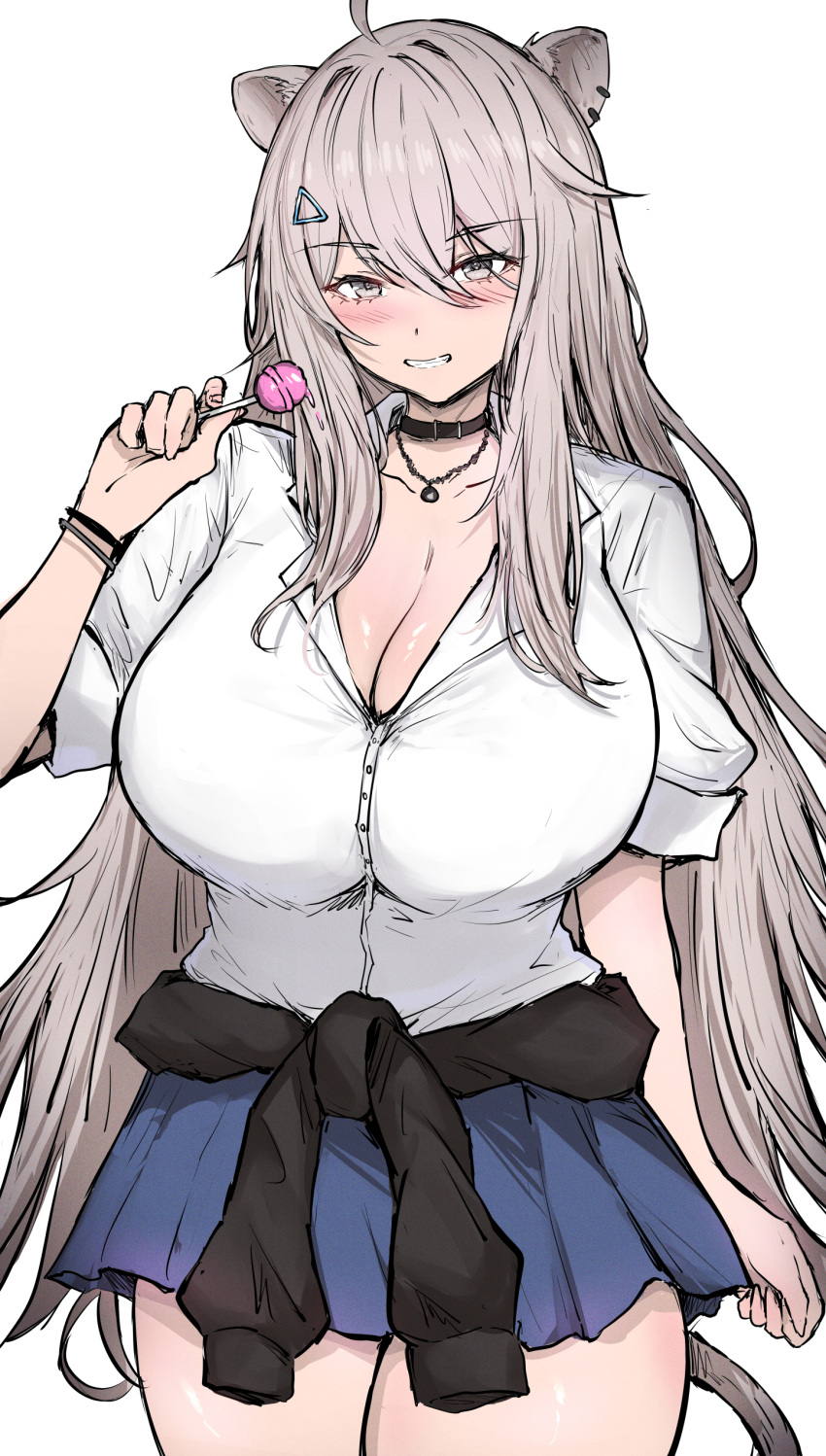 absurdres animal_ears black_choker blue_skirt blush breasts candy choker cleavage clothes_around_waist collarbone collared_shirt cowboy_shot female food grey_eyes grey_hair grin highres holding holding_candy holding_food holding_lollipop hololive huge_breasts jacket jacket_around_waist lion_ears lion_girl lion_tail lollipop long_hair pleated_skirt sak1_01 shirt shishiro_botan simple_background skirt smile solo tail very_long_hair virtual_youtuber white_background white_shirt