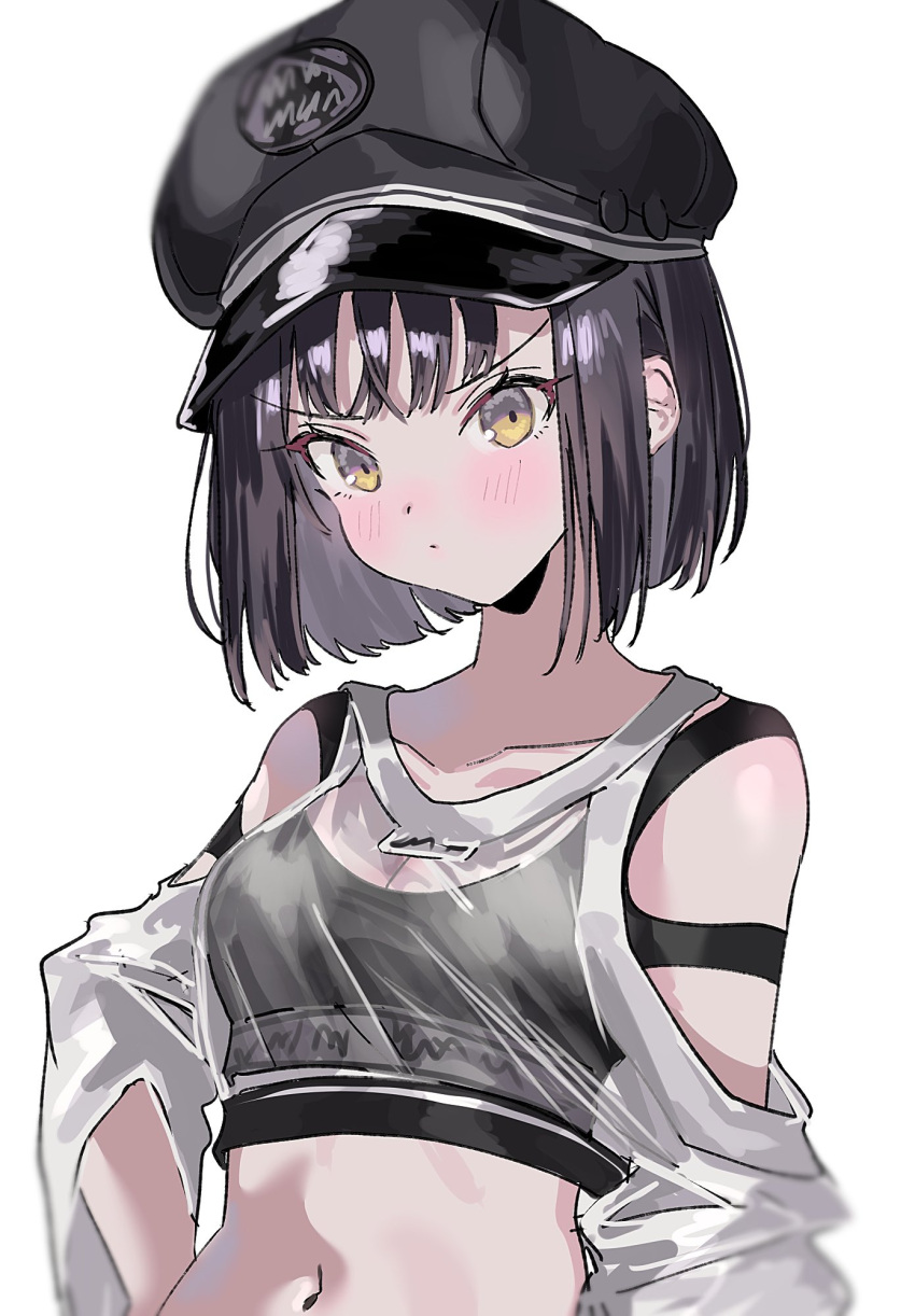 aogisa black_hair black_hat black_sports_bra collarbone female goddess_of_victory:_nikke hat highres milk_(nikke) navel peaked_cap see-through_clothes see-through_shirt shirt simple_background solo sports_bra tomboy upper_body white_background yellow_eyes