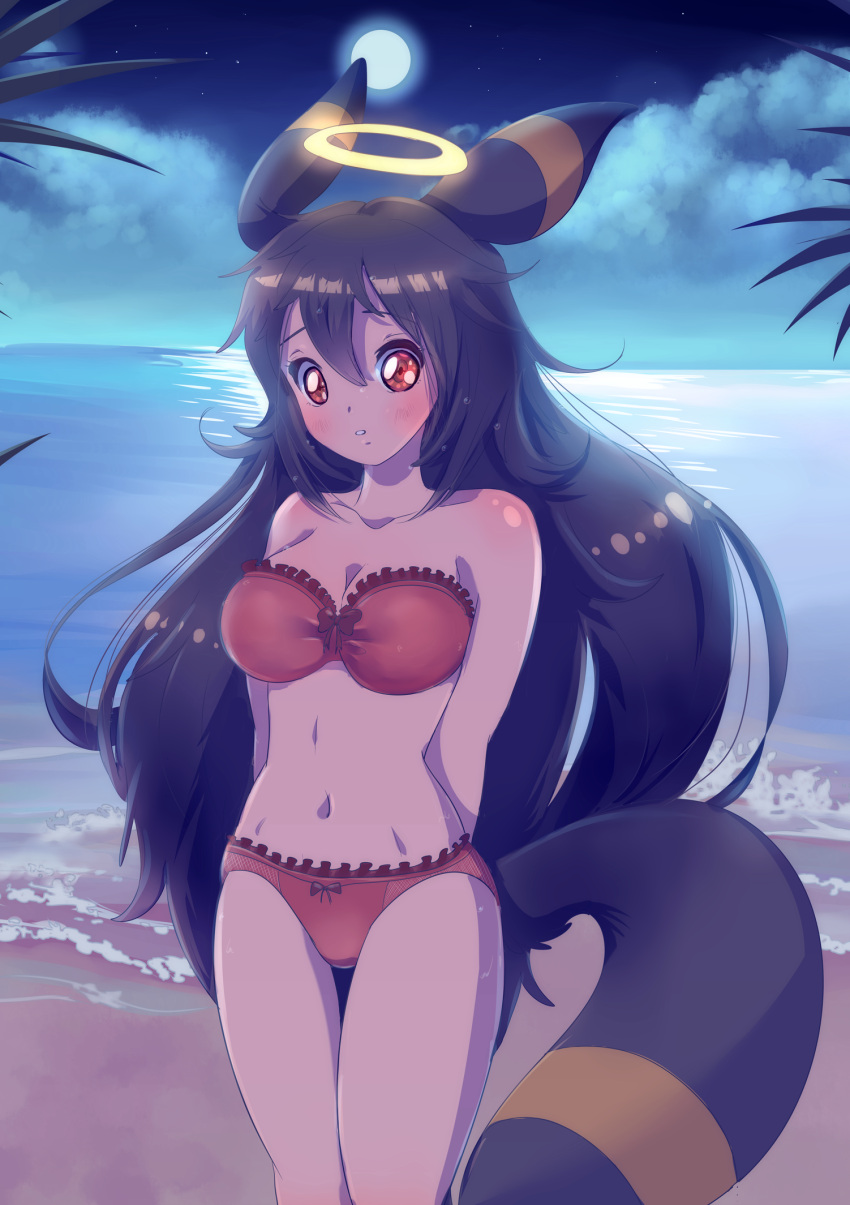 2016 beach bikini black_ears black_eyebrows black_hair black_kitty black_tail blue_sky blush breasts cleavage clothed clothing cloud collarbone colored digital_drawing_(artwork) digital_media_(artwork) eeveelution english_description eyebrows fan_character female generation_2_pokemon hair halo hands_behind_back hi_res humanoid leaf light lighting long_hair long_tail looking_at_viewer marion_(wingsedge) markings navel night nintendo pokemon pokemon_(species) pokemon_humanoid red_bikini red_clothing red_eyes red_swimwear sea shaded shoulder_blush sky solo standing star starry_sky swimwear tail tail_markings tan_body tan_skin thin_eyebrows two-piece_swimsuit two_tone_tail umbreon water yellow_markings