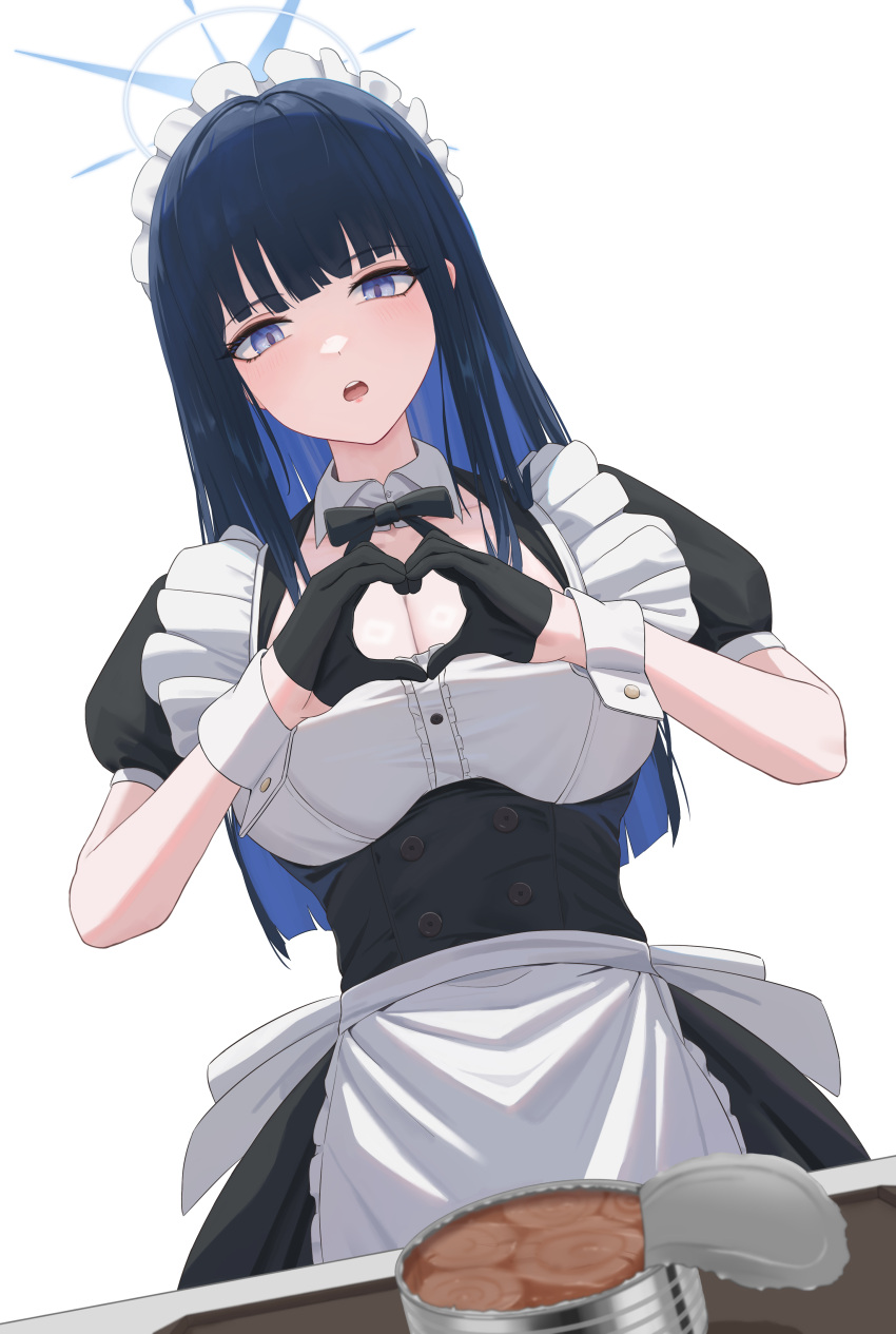 absurdres alternate_costume apron black_gloves blue_archive blue_eyes blue_hair blue_halo blunt_bangs breasts can canned_food cleavage colored_inner_hair female gloves halo heart heart_hands highres large_breasts maid maid_apron multicolored_hair no_mask open_mouth pige_pig puffy_short_sleeves puffy_sleeves saori_(blue_archive) short_sleeves simple_background solo straight_hair teeth upper_teeth_only white_apron white_background white_wrist_cuffs wrist_cuffs