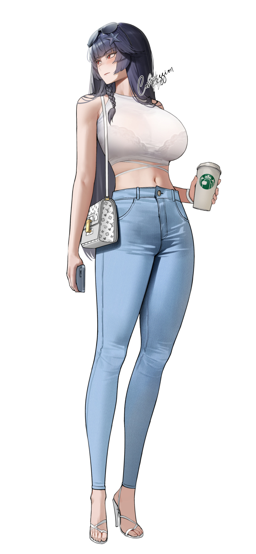 absurdres bag bare_shoulders blue_hair bra breasts casual cup denim full_body halterneck handbag high_heels highres holding holding_cup holding_phone jeans large_breasts long_hair navel original pants phone red_eyes see-through_clothes see-through_shirt shirt shizuko_hideyoshi tatakau_ataisuru underwear white_background yamaguchi_ryouko