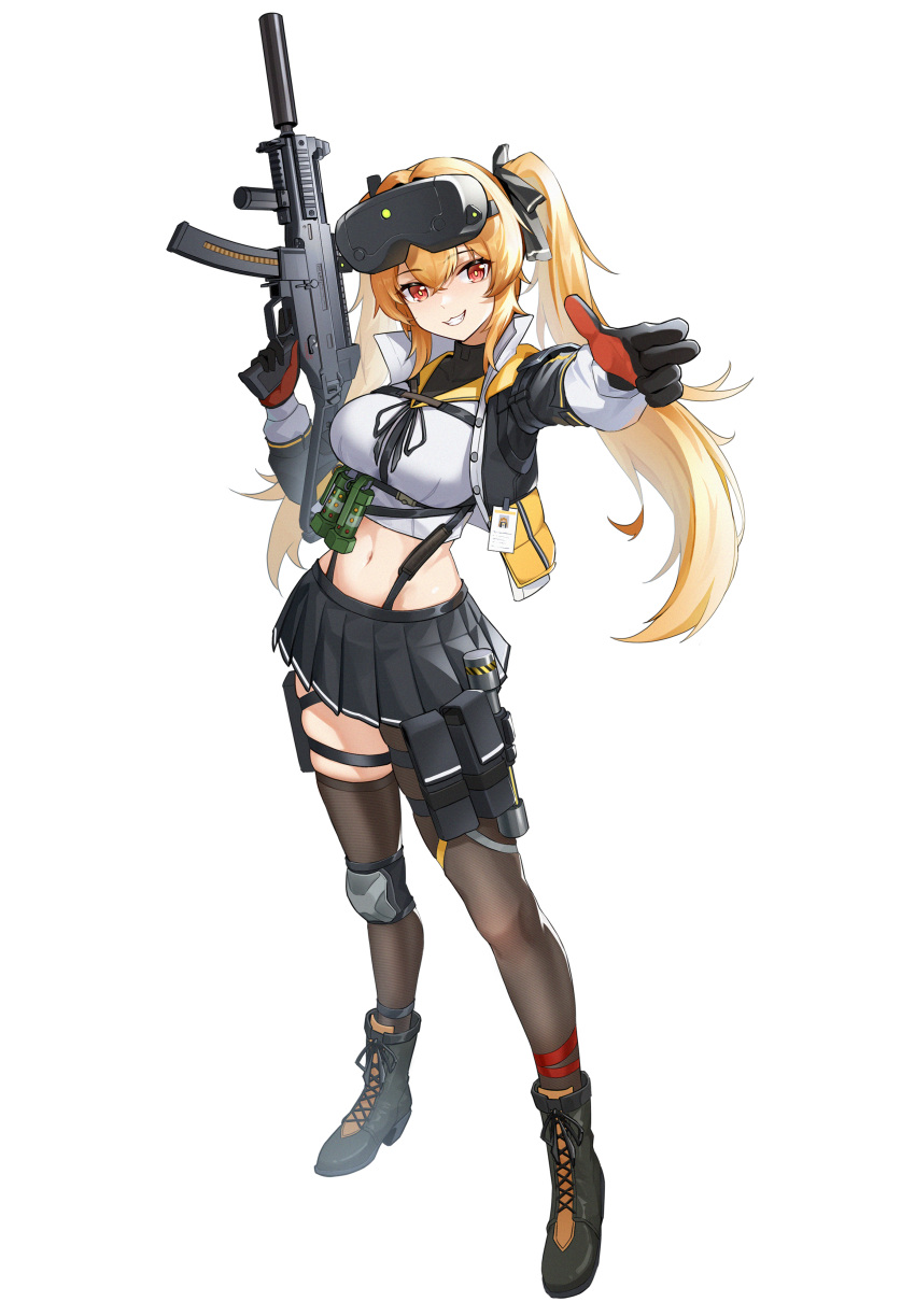 absurdres asymmetrical_legwear baton_(weapon) black_footwear black_gloves black_jacket black_ribbon black_skirt black_thighhighs boots bright_pupils chinese_commentary commentary_request cross-laced_footwear female finger_gun flashbang full_body girls'_frontline girls'_frontline_2:_exilium gloves gun h&k_ump hair_between_eyes hair_ribbon head-mounted_display heads-up_display highres holding holding_gun holding_weapon id_card jacket knee_pads long_hair looking_at_viewer lord-erica midriff multicolored_clothes multicolored_jacket navel neckerchief open_clothes open_jacket orange_eyes orange_hair parted_lips pleated_skirt pointing pointing_at_viewer pouch red_gloves ribbon shirt simple_background single_knee_pad skirt smile solo standing submachine_gun suppressor teeth thighhighs trigger_discipline twintails two-tone_gloves two-tone_jacket ump9_(girls'_frontline) uneven_legwear user_interface weapon white_background white_pupils white_shirt yellow_jacket yellow_neckerchief