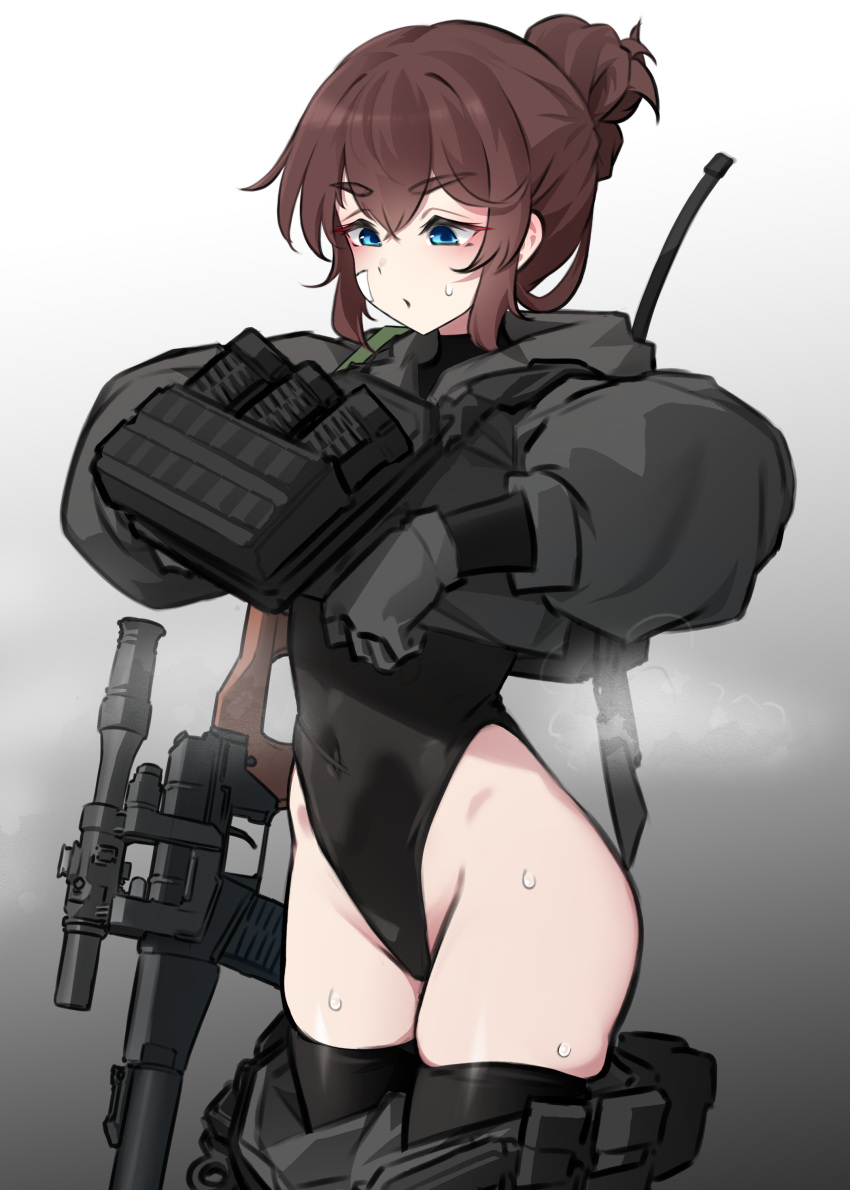 absurdres adjusting_clothes bandage_on_face bandages black_thighhighs blue_eyes brown_hair clothes_pull dragunov_svd female gradient_background gun heavy_breathing highleg highleg_leotard highres k0ng leotard lifting_own_clothes load_bearing_vest loner-chan_(k0ng) looking_down magazine_(weapon) original pants pants_pull rifle sidelocks sniper_rifle solo sweat thighhighs vest_lift weapon