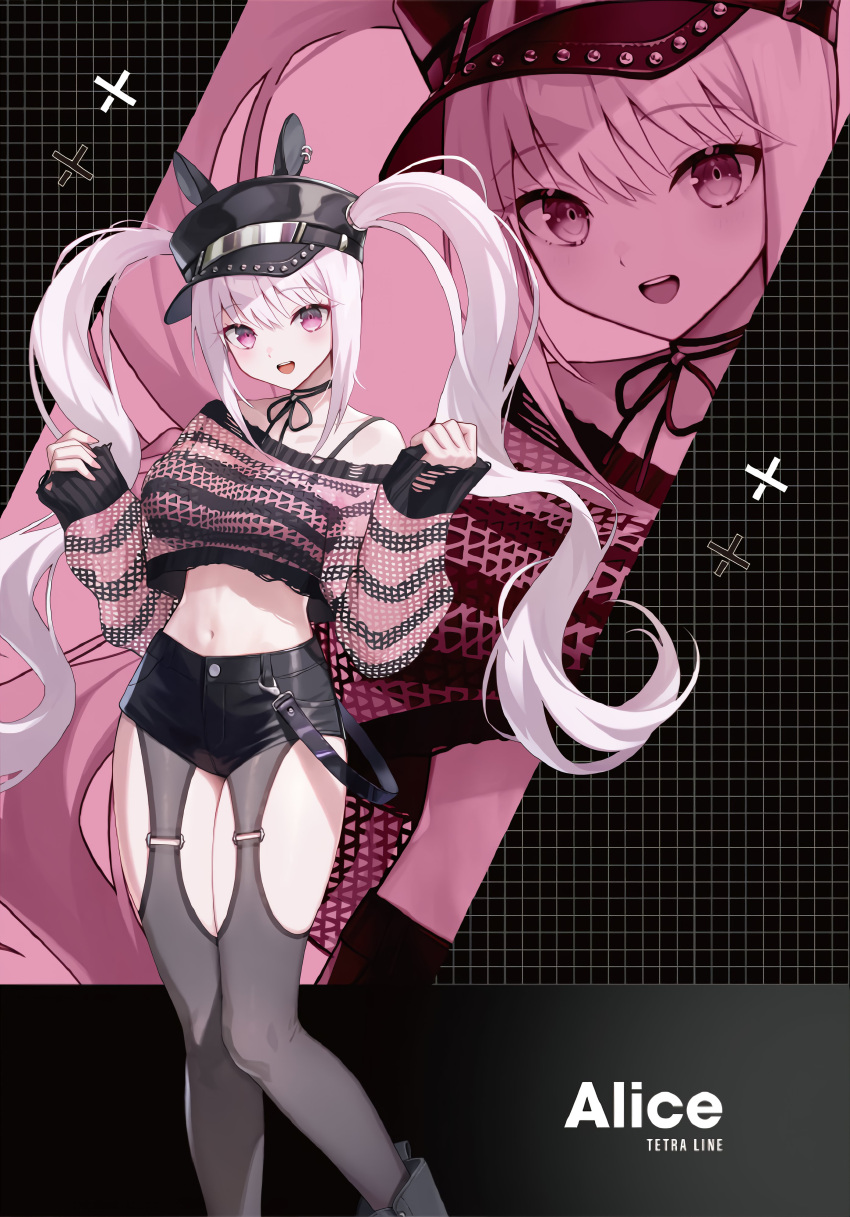 absurdres alice_(nikke) artist_request black_hat black_shorts character_name clothing_cutout goddess_of_victory:_nikke hat highres navel off_shoulder official_alternate_costume official_art peaked_cap pink_eyes pink_hair shorts thigh_cutout third-party_source twintails zozotown