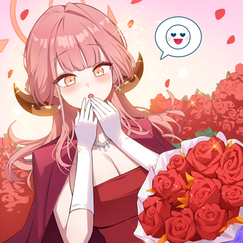 aru_(blue_archive) aru_(dress)_(blue_archive) blue_archive brown_horns coat coat_on_shoulders demon_horns diamond_necklace dress gloves halo highres horns official_alternate_costume okkimon orange_halo pink_hair pink_halo red_coat red_dress strapless strapless_dress wavy_ends white_gloves