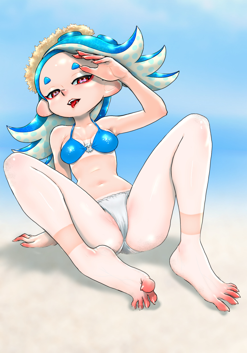 accessory_tan arm_support arm_up barefoot beach bikini blue_bikini blue_hair blue_sky breasts cephalopod_eyes fangs female fingernails full_body halterneck hat highres horizontal_pupils koharu2.5 leaning_back long_hair medium_breasts navel o-ring o-ring_bikini octoling pink_pupils red_eyes sand sand_on_skin sharp_fingernails sharp_toenails shiver_(splatoon) sitting sky solo splatoon_(series) straw_hat swimsuit tan tanlines tentacle_hair toenails tongue tongue_out white_bikini