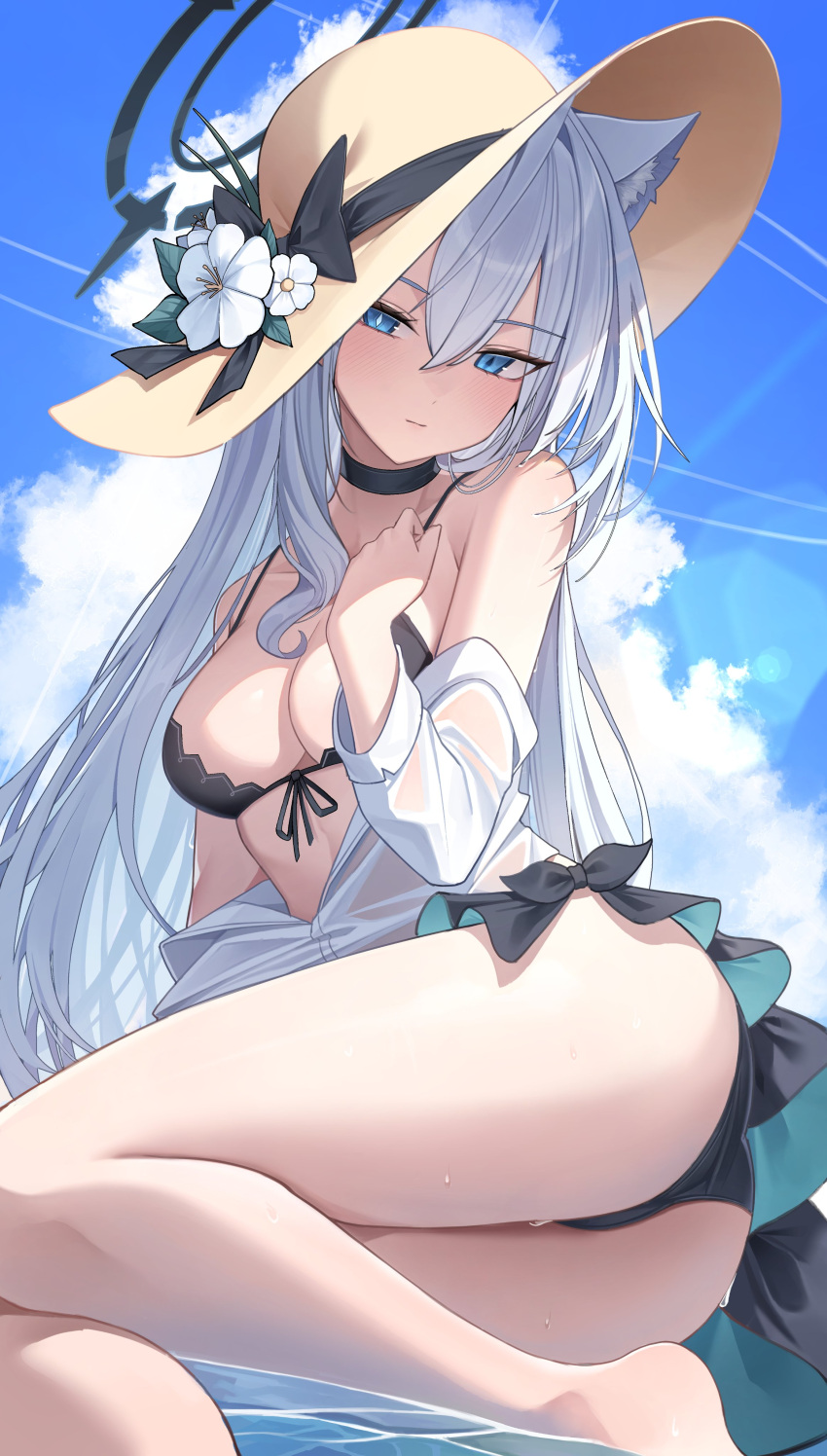 absurdres alternate_costume animal_ear_fluff animal_ears bikini black_bikini black_choker black_halo blue_archive broken_halo choker dark_halo extra_ears grey_hair halo highres mismatched_pupils pang-yo shiroko_(blue_archive) shiroko_terror_(blue_archive) swimsuit wolf_ears wolf_girl