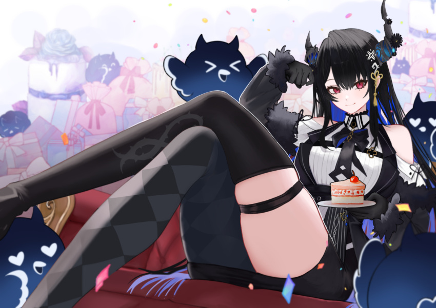 birthday_cake black_gloves black_hair black_jacket black_necktie black_thighhighs blue_hair breasts cake clothing_cutout colored_inner_hair demon_horns eneeues food fur-trimmed_gloves fur_trim gift gloves happy_birthday highres holding holding_plate hololive hololive_english horns jacket jailbird_(nerissa_ravencroft) large_breasts looking_at_viewer multicolored_hair necktie nerissa_ravencroft nerissa_ravencroft_(1st_costume) plate red_eyes shirt shoulder_cutout smile thigh_strap thighhighs virtual_youtuber white_shirt