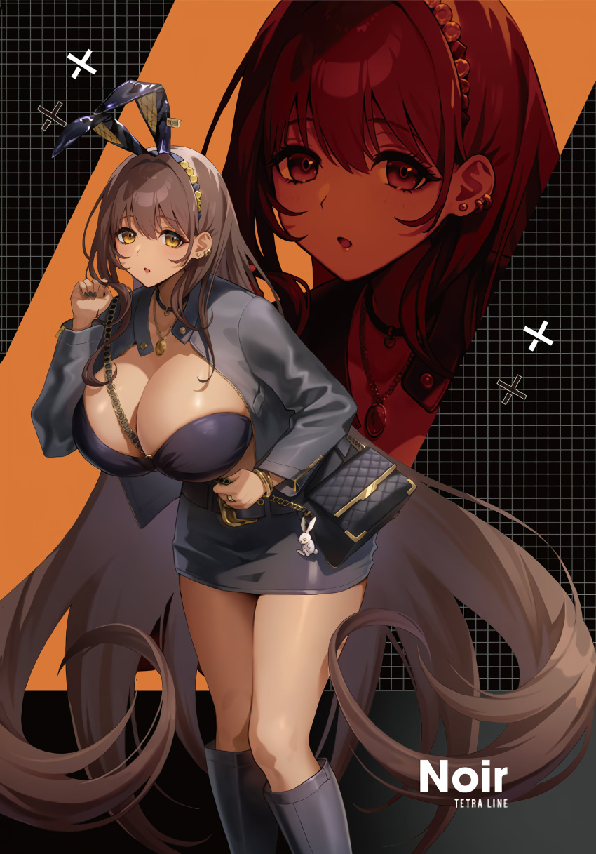 absurdres animal_ear_headwear animal_ears artist_request bag belt breasts brown_hair dark-skinned_female dark_skin fake_animal_ears female goddess_of_victory:_nikke handbag highres huge_breasts long_hair noir_(nikke) official_alternate_costume official_art rabbit_ears solo third-party_source yellow_eyes zozotown