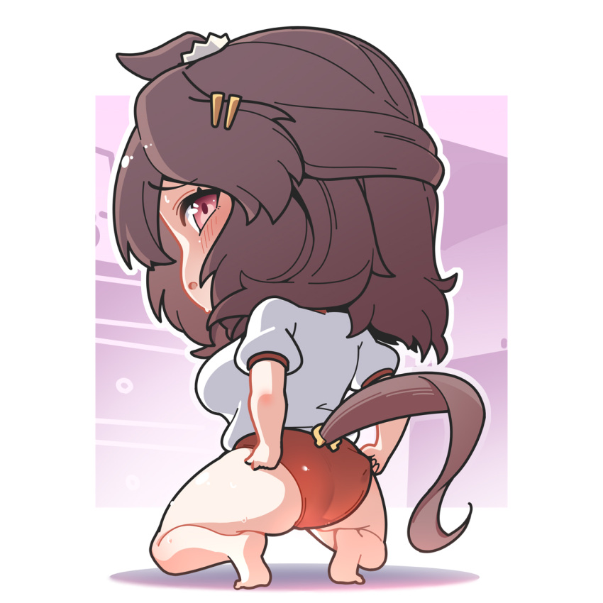 animal_ears ass blush breasts brown_hair buruma chibi commentary_request female full_body gym_shirt gym_uniform highres horse_ears horse_girl horse_tail kneeling light_hello_(umamusume) medium_breasts parted_lips puffy_short_sleeves puffy_sleeves red_buruma red_eyes shirt short_sleeves solo sweat tail umamusume warashi white_shirt