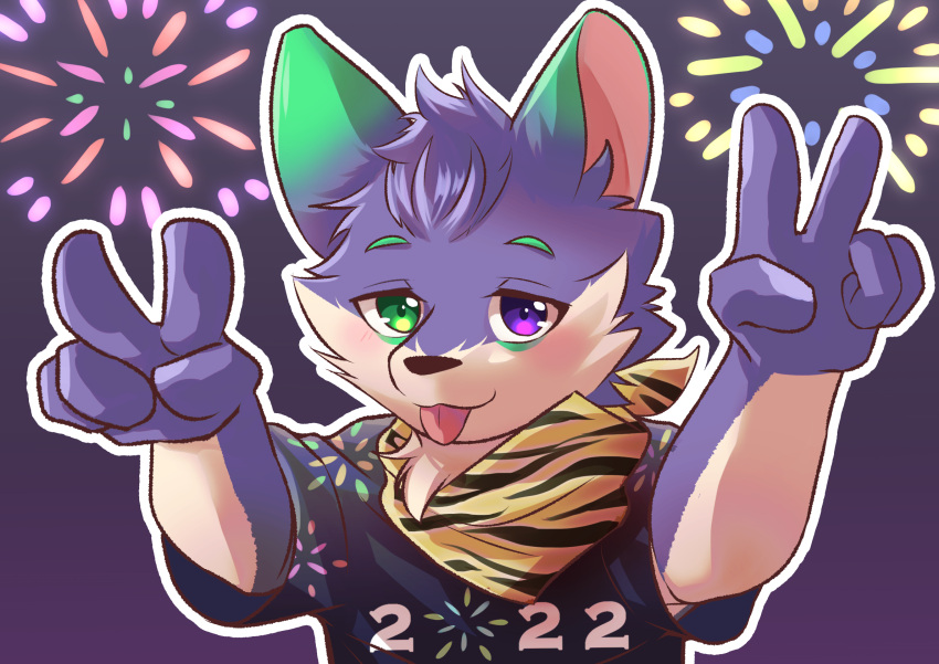 2022 anthro ayu_space_(potato_12_13) blep canid canine canis clothing domestic_dog eyebrows fireworks fur gesture green_eyebrows green_eyes hair half-closed_eyes hand_gesture heterochromia hi_res kerchief looking_at_viewer male mammal narrowed_eyes neck_tuft new_year_2022 outline potato_12_13 print_clothing print_shirt print_topwear purple_body purple_eyes purple_fur purple_hair shirt simple_background solo striped_kerchief tongue tongue_out topwear tuft v_sign white_outline