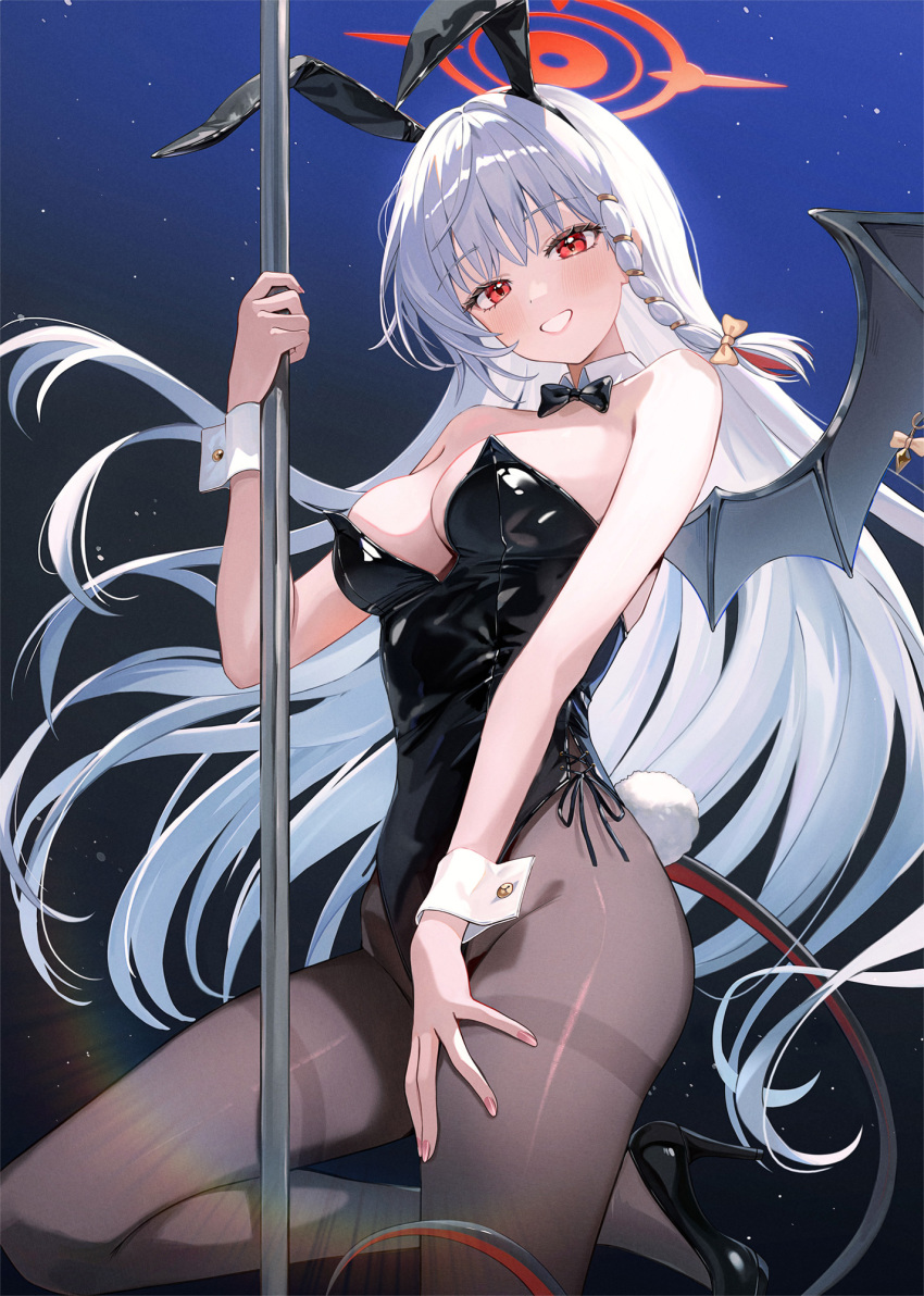 alternate_costume animal_ears black_footwear black_leotard black_pantyhose black_wings blue_archive blush braid breasts cleavage commentary dark_background demon_girl demon_tail demon_wings fake_animal_ears female funii grey_hair halo haruna_(blue_archive) high_heels highres holding holding_pole leg_up leotard light_particles long_hair looking_at_viewer medium_breasts pantyhose pole rabbit_ears red_eyes red_halo single_braid single_wing smile solo strapless strapless_leotard stripper_pole tail white_wrist_cuffs wings wrist_cuffs