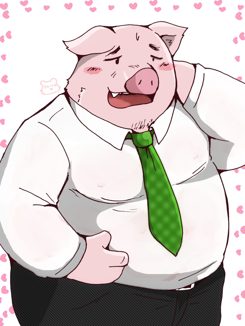 2024 anthro belly big_belly blush bottomwear clothing digital_drawing_(artwork) digital_media_(artwork) domestic_pig heart_symbol hi_res kemono male mammal necktie open_mouth overweight overweight_male pants pink_body shirt simple_background snow_utamaru solo suid suina sus_(pig) topwear white_background