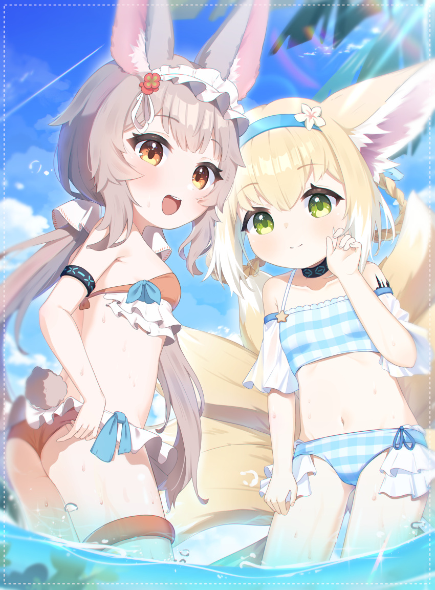 2girls :d absurdres alternate_costume animal_ears arknights ass ass_visible_through_thighs bikini blonde_hair blue_bikini blue_hairband blush braid braided_hair_rings breasts cameltoe checkered_clothes closed_mouth commentary_request cowboy_shot detached_sleeves flower fox_ears fox_girl fox_tail frilled_bikini frilled_hairband frills green_eyes hair_flower hair_ornament hair_rings hairband highres infection_monitor_(arknights) kattowu kitsune kyuubi looking_at_viewer material_growth multiple_girls multiple_tails navel open_mouth orange_bikini orange_eyes oripathy_lesion_(arknights) rabbit_ears rabbit_girl rabbit_tail small_breasts smile suzuran_(arknights) swimsuit tail teeth upper_teeth_only wading warmy_(arknights) wet