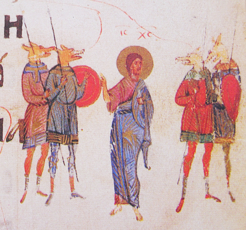 1397 14th_century ancient_art animal_head animal_humanoid anthro byzantine canid canine canis christianity domestic_dog for_a_head greek_text group halo hi_res human humanoid jesus_christ male mammal medieval medieval_clothing melee_weapon military polearm religion roman_clothing shield soldier spear text traditional_media_(artwork) unknown_artist warrior weapon wolf