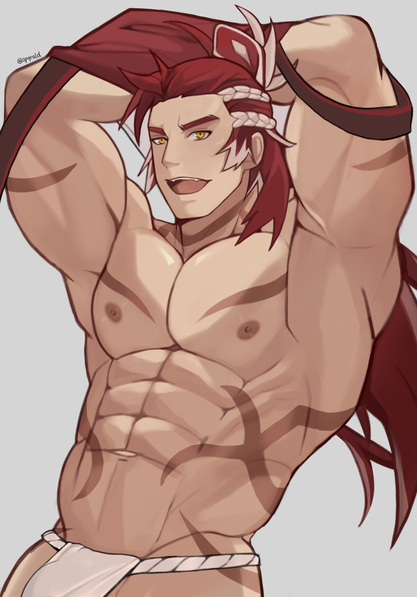 1boy abs arms_up artist_name bara bare_pectorals body_markings bulge english_commentary fundoshi granblue_fantasy grey_background highres japanese_clothes looking_at_viewer male_focus multicolored_hair muscular muscular_male navel nipples open_mouth opqrald pectoral_cleavage pectorals ponytail red_hair topless_male twitter_username white_hair wilnas_(granblue_fantasy)