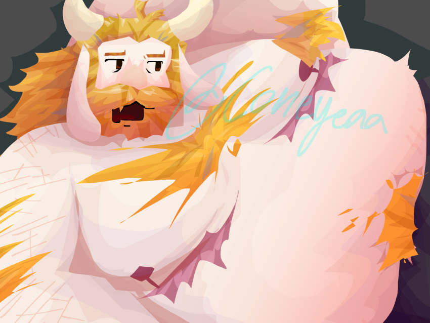 2024 anthro armpit_hair asgore_dreemurr beard belly blonde_hair body_hair bottomwear bovid caprine chest_hair clothing colored coneyeaa digital_media_(artwork) facial_hair goat hair hi_res horn long_hair lying male mammal mastectomy_scar moobs obese obese_male on_side overweight overweight_male pants scar self-harm_scars shirtless_male signature solo stretch_marks undertale_(series)