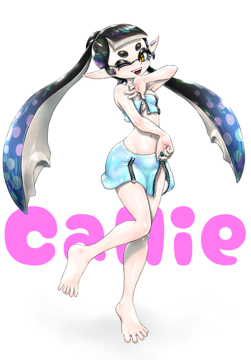 ;d bare_shoulders barefoot black_hair blue_hair blue_skirt blue_tube_top blunt_bangs breasts callie_(splatoon) character_name commentary_request crop_top earclip fangs feet female full_body gradient_hair groin highres holographic_clothing inkling koharu2.5 long_hair long_pointy_ears midriff miniskirt mole mole_under_eye multicolored_hair navel official_alternate_costume one_eye_closed open_mouth pencil_skirt pointy_ears red_pupils sidelocks skirt smile solo splatoon_(series) splatoon_3 standing standing_on_one_leg strapless suction_cups tentacle_hair thick_eyebrows tube_top twintails two-tone_hair unzipped unzipping yellow_eyes zipper_pull_tab zipper_skirt zipper_top