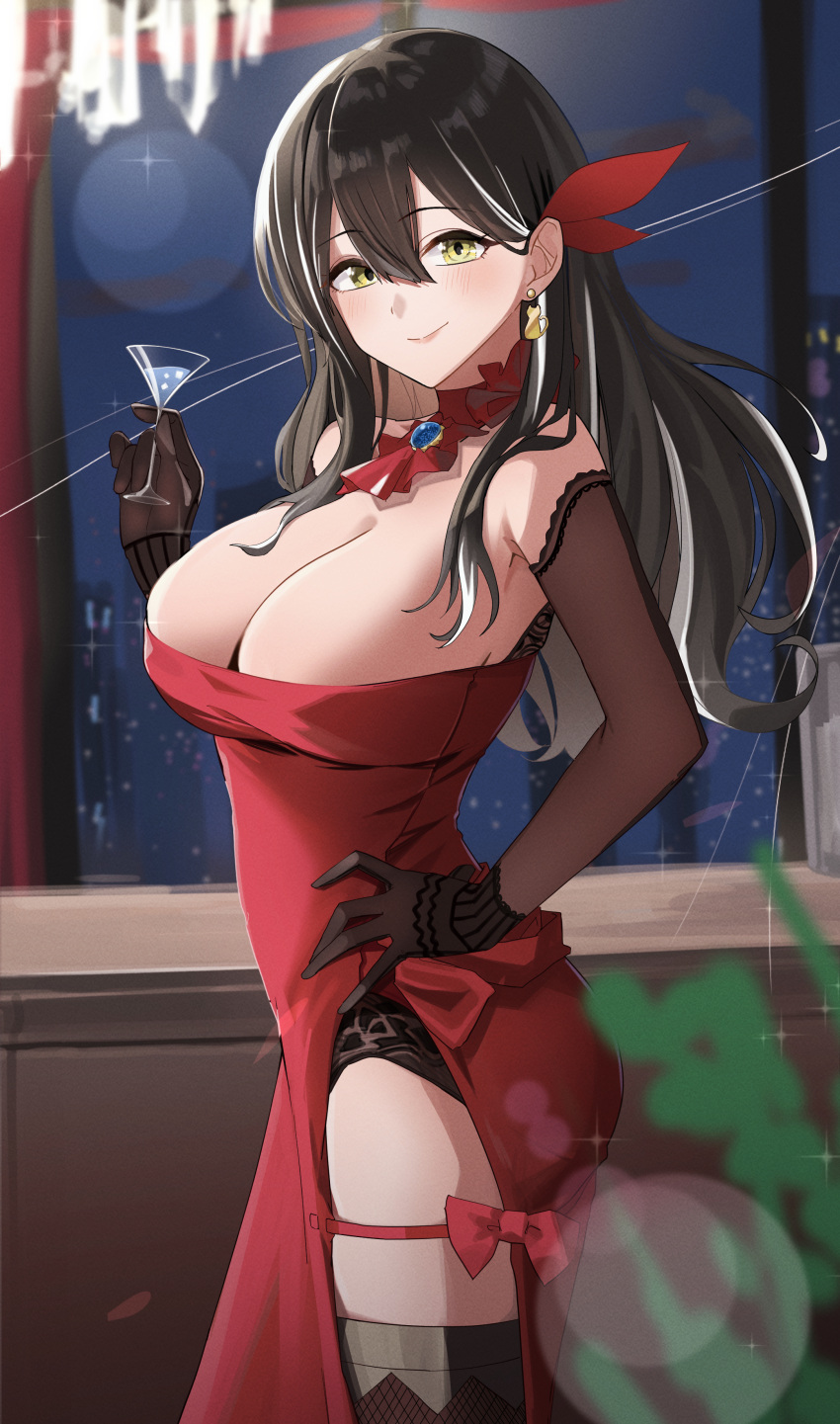 absurdres ascot black_gloves black_hair black_thighhighs blush breasts brown_sleeves closed_mouth cocktail_glass commentary_request cup detached_sleeves dress drinking_glass earrings gloves hair_between_eyes hand_on_own_hip highres hikaruyusi holding holding_cup indoors jewelry large_breasts long_hair night night_sky off-shoulder_dress off_shoulder original red_ascot red_dress sky smile standing thigh_bow thighhighs thighs yellow_eyes