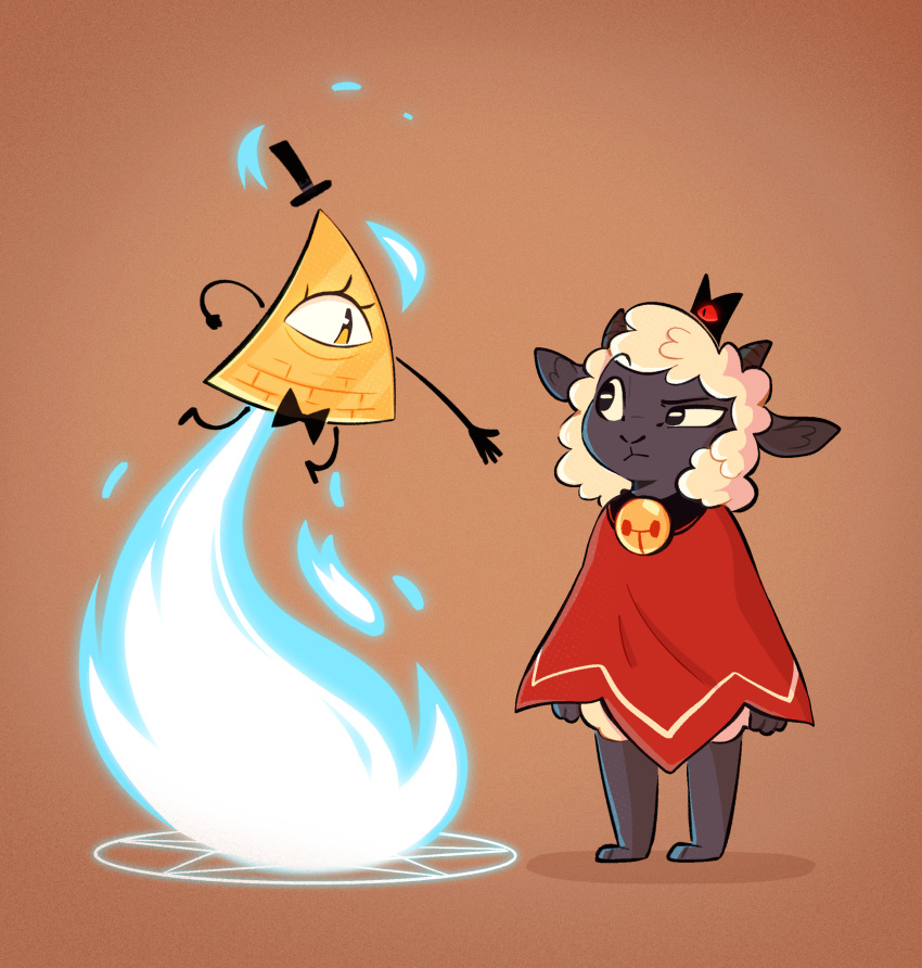 1_eye 2024 2_horns ambiguous_gender anthro bell bell_collar bill_cipher bovid caprine collar cult_of_the_lamb digital_drawing_(artwork) digital_media_(artwork) disney duo eye_contact freckledbastard fur gravity_falls hi_res horn lamb_(cult_of_the_lamb) looking_at_another mammal massive_monster_(studio) sheep simple_background standing white_body white_fur white_wool wool_(fur)