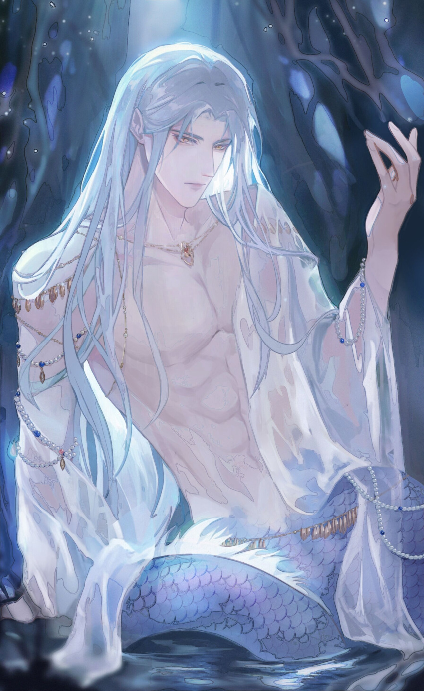 1boy abs absurdres arm_support armlet closed_mouth curtained_hair expressionless hair_behind_ear hand_up highres jewelry light_and_night_love lips long_hair looking_at_viewer male_focus merman monster_boy necklace open_clothes open_shirt parted_bangs pectorals qi_sili see-through_clothes see-through_shirt shirt single_off_shoulder sitting solo toned toned_male tree water white_hair yellow_eyes youshangdexianyuwangzi