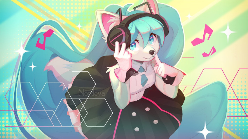 2024 alternate_species anthro blue_body blue_eyes blue_fur canid canine canis clothing digital_media_(artwork) domestic_dog dress electronics female fur furrification gloves hair handwear hatsune_miku headphones long_hair looking_at_viewer magical_mirai magical_mirai_miku_(2016) mammal musical_note musical_symbol necktie nordeva portrait solo sparkles symbol three-quarter_portrait twintails twintails_(hairstyle) vocaloid white_body white_fur