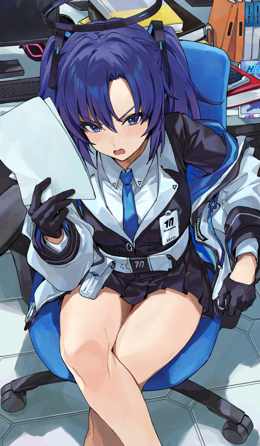 angry belt black_gloves black_skirt black_suit blue_archive blue_eyes blue_hair blue_necktie chair collared_shirt commentary computer_keyboard crossed_legs female gloves hair_between_eyes halo highres holding holding_paper id_card jacket kamu_(kamuuei) light_blush long_hair long_sleeves looking_at_viewer mechanical_halo monitor necktie office_chair open_clothes open_jacket open_mouth paper pleated_skirt shirt sitting skirt solo suit swivel_chair thighs twintails white_belt white_jacket yuuka_(blue_archive)