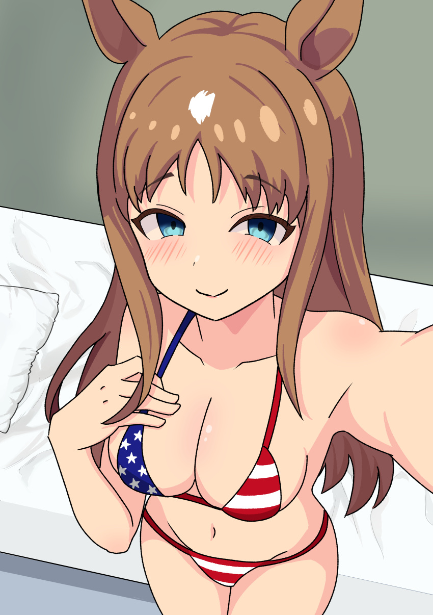 absurdres american_flag american_flag_bikini american_flag_print animal_ears bikini blue_eyes breasts brown_hair cleavage cowboy_shot embarrassed female flag_print grass_wonder_(umamusume) highres horse_ears horse_girl horse_tail kuronekozaka long_hair looking_at_viewer looking_back medium_breasts parted_lips print_bikini simple_background standing swimsuit tail umamusume