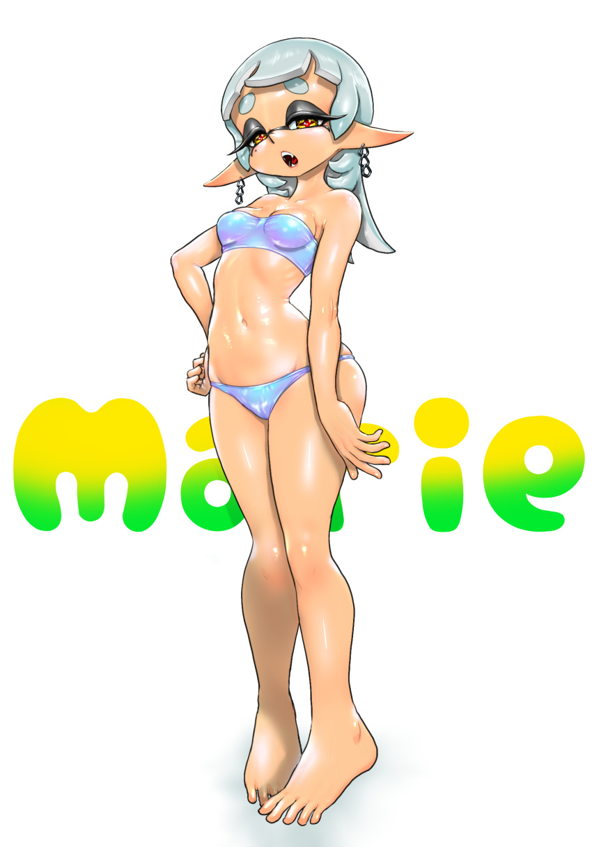 :o arm_at_side bandeau bare_shoulders barefoot bikini blue_bandeau blue_bikini blue_hair blunt_bangs breasts chain_earrings chains character_name collarbone commentary_request fangs female full_body groin hand_on_own_hip highres holographic_clothing inkling koharu2.5 long_hair long_pointy_ears lowleg lowleg_bikini marie_(splatoon) mole mole_under_mouth navel official_alternate_costume official_alternate_hairstyle open_mouth pointy_ears red_pupils sidelocks solo splatoon_(series) splatoon_3 standing star-shaped_pupils star_(symbol) stomach swimsuit symbol-shaped_pupils tan tentacle_hair thick_eyebrows underwear yellow_eyes