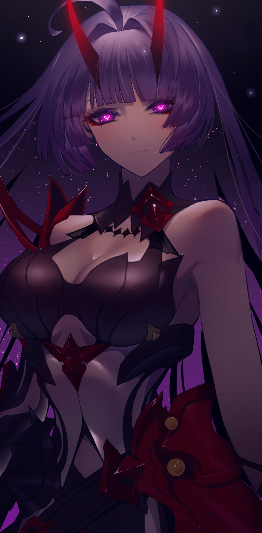 absurdres bare_shoulders breasts cleavage closed_mouth female highres honkai_(series) honkai_impact_3rd horns large_breasts long_hair looking_at_viewer lxy4141075 multiple_girls purple_eyes purple_hair raiden_mei raiden_mei_(herrscher_of_thunder) simple_background solo very_long_hair