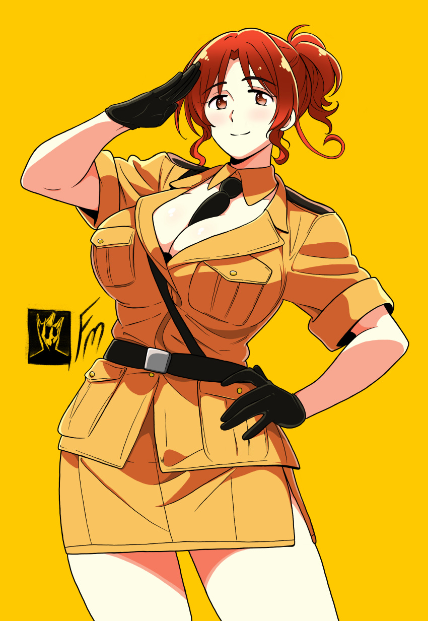 1girls ahoge axis_powers_hetalia big_breasts breasts brown_eyes cleavage cowboy_shot female female_only fungus-man genderswap_(mtf) gloves italy_(hetalia) looking_at_viewer military_uniform necktie ponytail red_hair rule_63 self_upload skirt smile solid_color_background solo solo_female tagme yellow_background