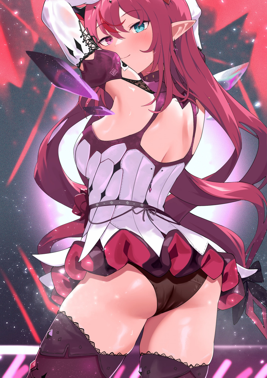 absurdres arm_up ass black_panties blue_eyes blush breasts closed_mouth crystal_wings detached_wings dress english_commentary female from_behind heterochromia highres hololive hololive_english irys_(hololive) irys_(irys_2.0)_(hololive) light_particles long_hair looking_at_viewer looking_back medium_breasts microdress panties pointy_ears red_eyes red_hair shift_(shiftillust) smile solo thighhighs thighs underwear virtual_youtuber wings