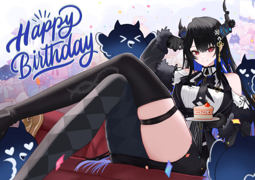 birthday_cake black_gloves black_hair black_jacket black_necktie black_thighhighs blue_hair breasts cake clothing_cutout colored_inner_hair demon_horns eneeues food fur-trimmed_gloves fur_trim gift gloves happy_birthday highres holding holding_plate hololive hololive_english horns jacket jailbird_(nerissa_ravencroft) large_breasts looking_at_viewer multicolored_hair necktie nerissa_ravencroft nerissa_ravencroft_(1st_costume) plate red_eyes shirt shoulder_cutout smile thigh_strap thighhighs virtual_youtuber white_shirt