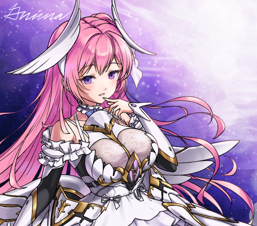 abstract_background armored_bodysuit artist_name breasts choker collarbone dorothy_(nikke) dress female finger_to_mouth flower-shaped_hair frilled_dress frills goddess_of_victory:_nikke gold_trim grimaisbestwaifu hair_bun horns large_breasts light_blush long_hair looking_at_viewer mechanical_horns mechanical_wings parted_lips pink_hair purple_background purple_eyes purple_ribbon ribbon shiny_eyes signature single_side_bun solo upper_body very_long_hair white_dress wings