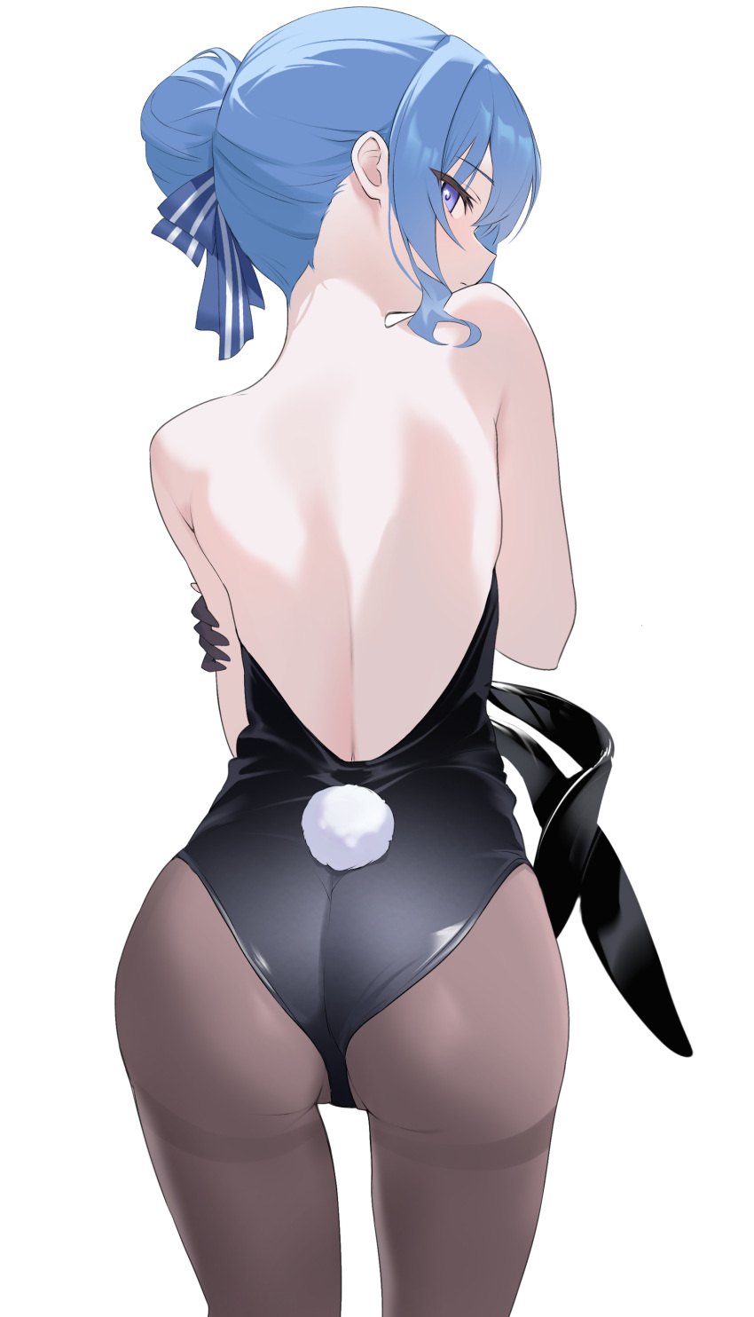 absurdres animal_ear_hairband animal_ears ass back backless_leotard bare_back bare_shoulders black_gloves black_leotard blue_eyes blue_hair fake_animal_ears fake_tail fawny female from_behind gloves hair_between_eyes hair_bun hair_ribbon hairband hand_on_own_arm highres holding_hairband hololive hoshimachi_suisei leotard long_hair looking_at_viewer looking_back median_furrow nape pantyhose playboy_bunny rabbit_ear_hairband rabbit_ears rabbit_tail ribbon simple_background single_hair_bun solo star_(symbol) star_in_eye strapless strapless_leotard symbol_in_eye tail tail_through_clothes thighband_pantyhose thighs virtual_youtuber white_background