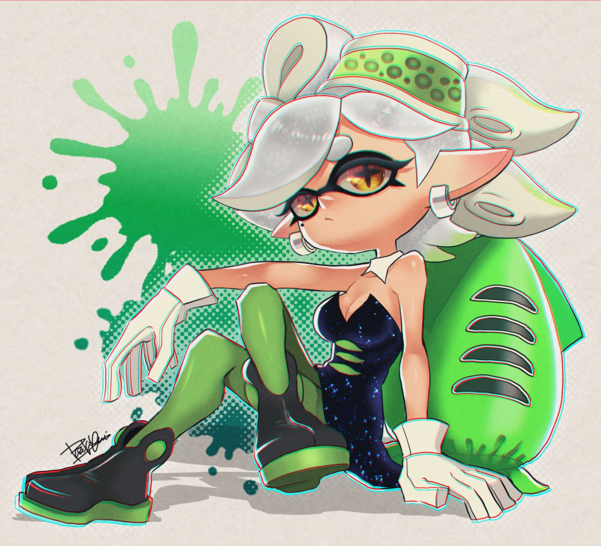 +_+ bare_shoulders black_footwear breasts cleavage closed_mouth collar detached_collar dress earrings eyelashes female full_body gloves green_pantyhose highres inkling isamu-ki_(yuuki) jewelry looking_at_viewer marie_(splatoon) mole mole_under_eye pantyhose pointy_ears solo splatoon_(series) splatoon_1 strapless strapless_dress white_collar white_gloves white_hair yellow_eyes