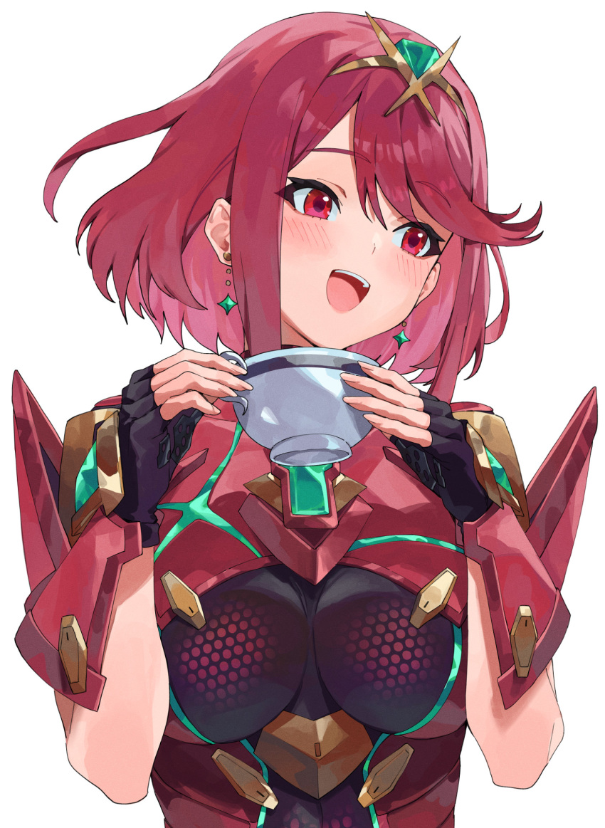 black_gloves bob_cut breasts chest_jewel commentary cup earrings female fingerless_gloves gloves headpiece highres holding holding_cup jewelry kamu_(kamuuei) large_breasts light_blush looking_to_the_side open_mouth pyra_(xenoblade) red_eyes red_hair short_hair simple_background smile solo teacup teeth tiara upper_body upper_teeth_only xenoblade_chronicles_(series) xenoblade_chronicles_2