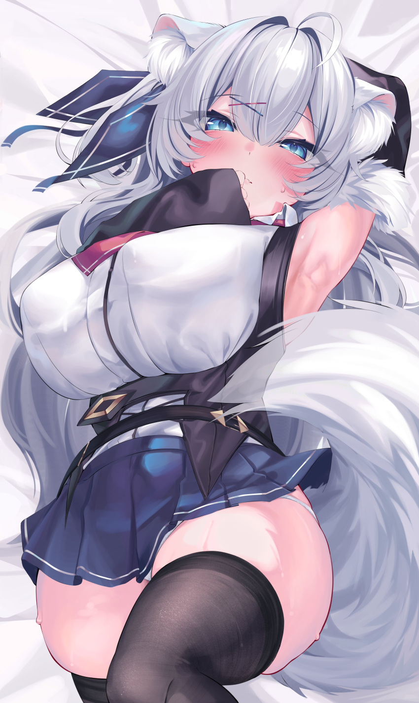 absurdres ahoge animal_ear_fluff animal_ears arm_up armpits belt black_thighhighs blue_eyes blue_skirt blush breasts cowboy_shot detached_sleeves double-parted_bangs dress_shirt eyes_visible_through_hair female fox_ears fox_girl fox_tail fur-trimmed_sleeves fur_trim hair_between_eyes hair_ornament hand_on_own_face highres knee_up konagi_(konotuki) large_breasts long_hair looking_at_viewer lying miniskirt oerba_yun_fang on_back one_side_up original panties pectorals pleated_skirt shirt skin_fang skindentation skirt sleeveless sleeveless_shirt sleeves_past_wrists solo sweat tail thighhighs thighs underwear white_hair white_panties white_shirt x_hair_ornament