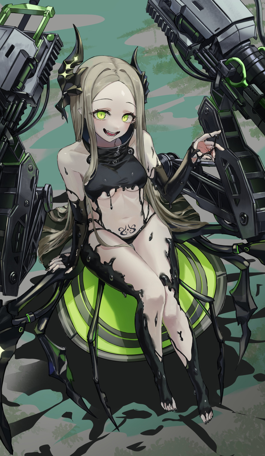 absurdres belly black_horns black_liquid black_nails breasts disgustingtokki fangs female forehead goddess_of_victory:_nikke green_eyes grey_hair highres horns leviathan_(nikke) liquid_clothes long_hair looking_at_viewer navel open_mouth piercing pointy_ears pubic_tattoo sitting small_breasts tattoo thighs tongue_piercing