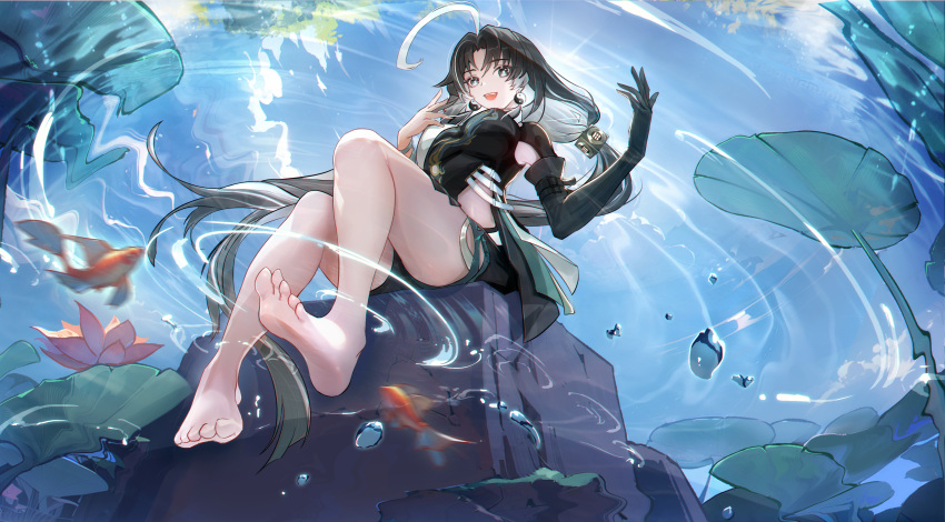 :d absurdres ahoge bare_legs barefoot black_eyes black_gloves black_hair black_shirt black_shorts blue_sky breasts bright_pupils chinese_commentary colored_inner_hair commentary day earrings elbow_gloves feet female fish gloves hand_up hands_up highres huge_ahoge jewelry jianxin_(wuthering_waves) large_breasts legs long_hair looking_at_viewer multicolored_hair open_mouth parted_bangs ripples shirt shorts single_elbow_glove sitting sky smile soaking_feet solo streaked_hair sunlight toes two-tone_shirt very_long_hair water white_hair white_pupils white_shirt wuthering_waves yin_yang yin_yang_earrings yong_ye