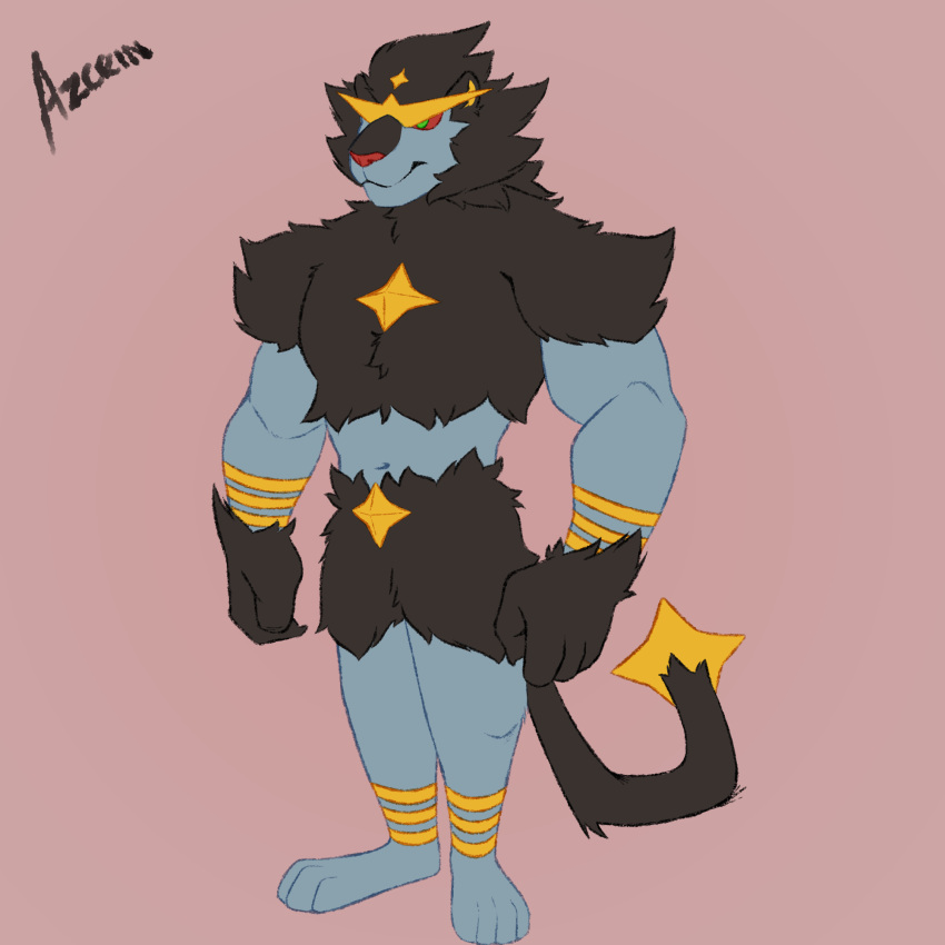 animal_humanoid azcein black_body black_fur cat_humanoid felid felid_humanoid feline feline_humanoid fur fusion generation_4_pokemon generation_7_pokemon green_eyes hi_res humanoid incineroar luxray male male/male mammal mammal_humanoid nintendo pokemon pokemon_(species) pokemon_fusion red_eyes solo star yellow_body yellow_fur