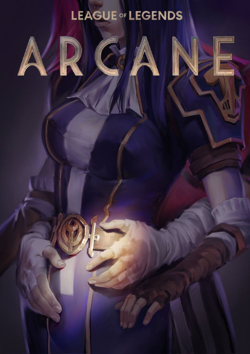 2girls arcane:_league_of_legends arcane_caitlyn arcane_vi bandaged_arm bandages blue_hair breasts caitlyn_(league_of_legends) commentary copyright_name fingerless_gloves gloves hashtag-only_commentary head_out_of_frame highres league_of_legends multiple_girls parted_lips vi_(league_of_legends) wngb06856621 yuri