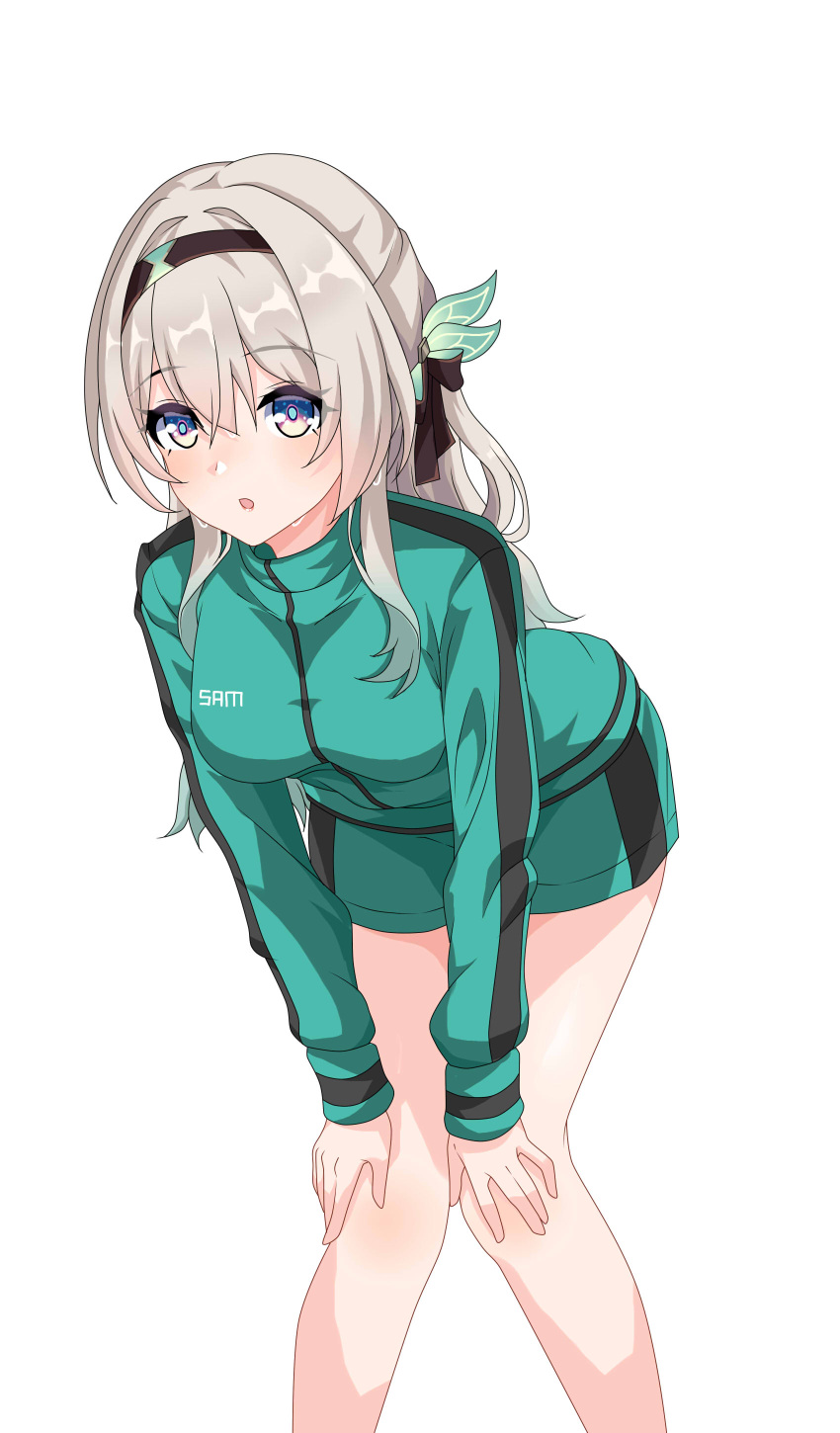 absurdres bent_over black_hairband feet_out_of_frame female firefly_(honkai:_star_rail) gradient_hair green_hair green_jacket green_shorts grey_hair hairband hands_on_own_knees highres honkai:_star_rail honkai_(series) jacket knees_together_feet_apart long_hair long_sleeves maxwelzy multicolored_hair open_mouth purple_eyes short_shorts shorts simple_background solo track_jacket two-tone_hair white_background