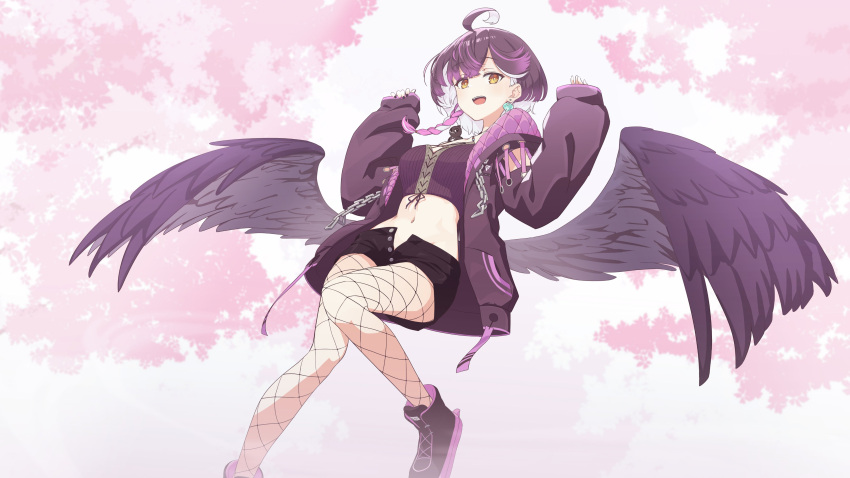 :d absurdres ahoge animal_on_shoulder bird bird_on_shoulder black_footwear black_shorts braid breasts commentary_request earrings feathered_wings female fishnet_pantyhose fishnets hashtag-only_commentary highres jacket jewelry long_sleeves low_wings multicolored_hair open_clothes open_jacket open_mouth ougimaneki pantyhose purple_hair purple_jacket purple_wings shorts sleeves_past_wrists smile solo streaked_hair teeth tongue tsukiyoi_avi upper_teeth_only varium white_hair wings yellow_eyes